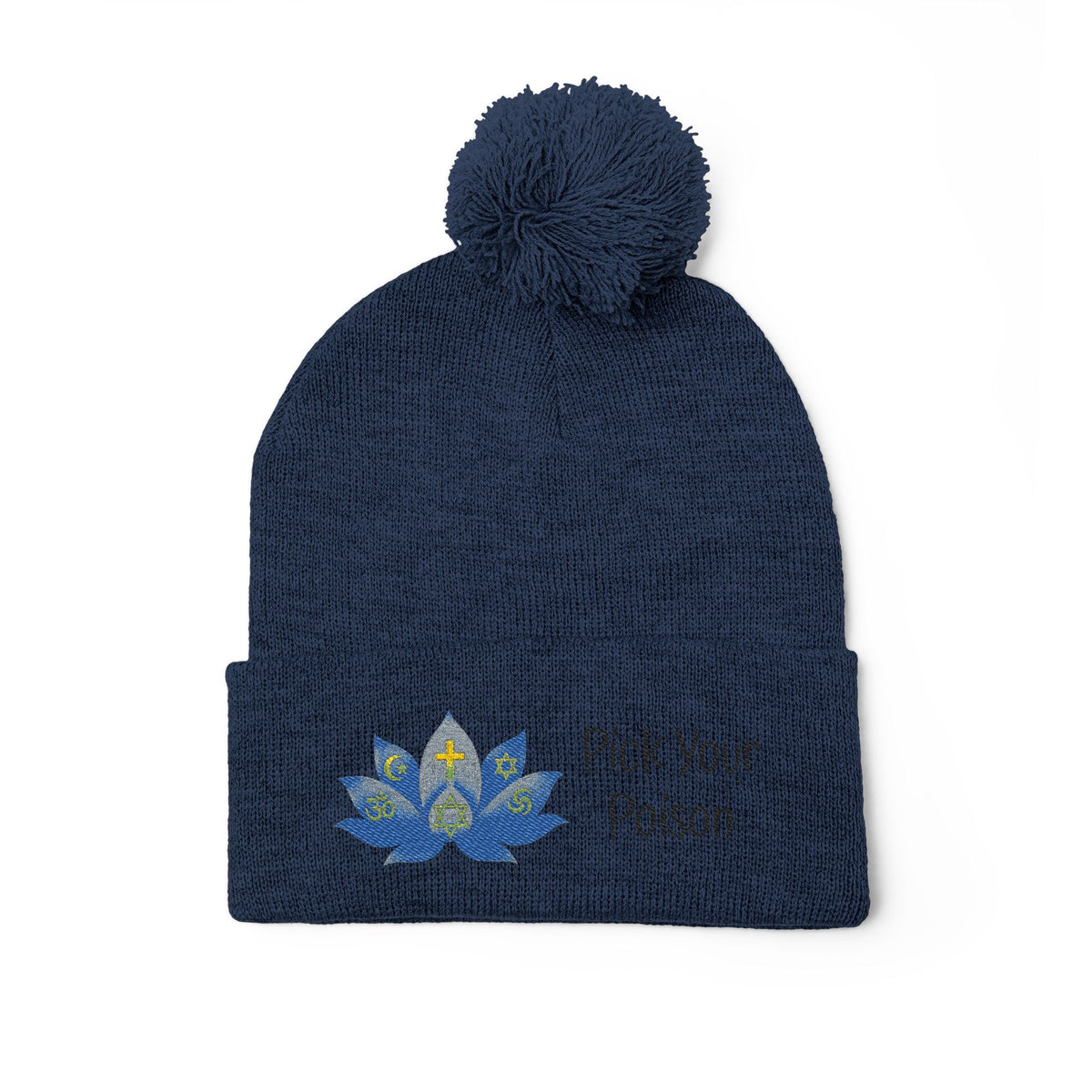 W. Pick Your Poison Black Pom-Pom Knit Cap (Embroidery)