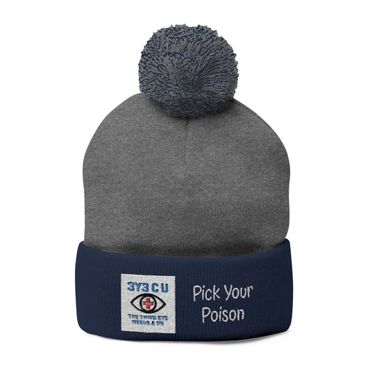W. Pick Your Poison White Pom-Pom Knit Cap (Embroidery)
