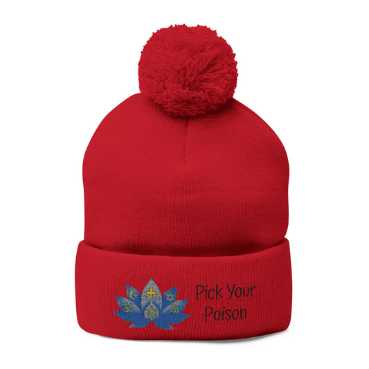 W. Pick Your Poison Black Pom-Pom Knit Cap (Embroidery)