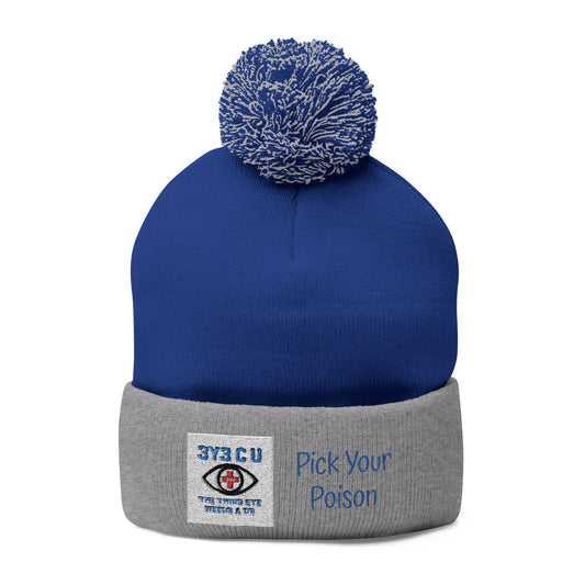 W. Pick Your Poison Blue Pom-Pom Knit Cap (Embroidery)