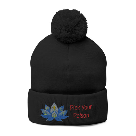 W. Pick Your Poison Red Pom-Pom Knit Cap (Embroidery)